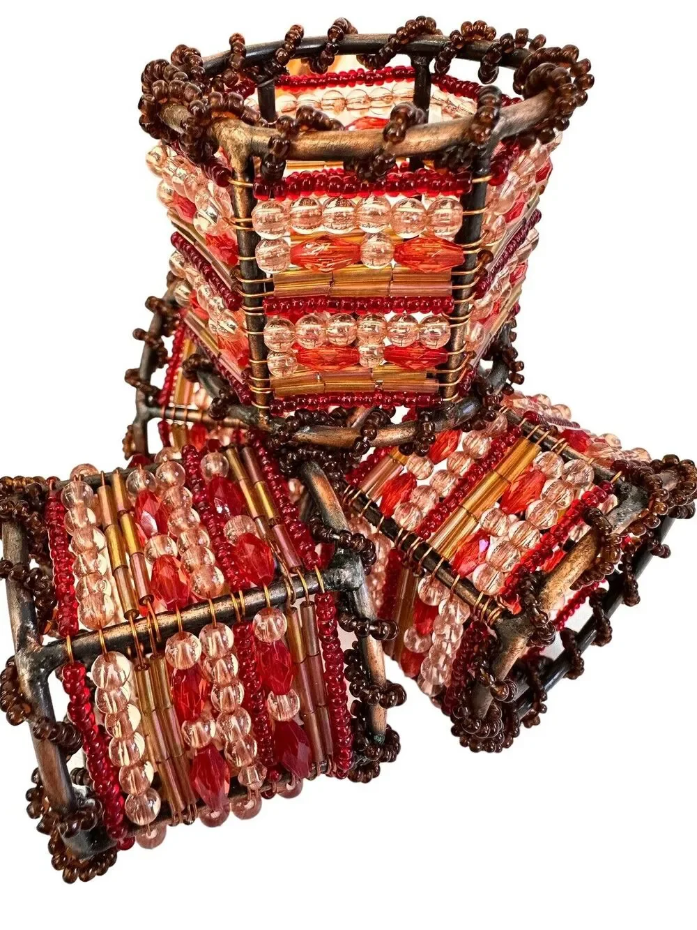 4 Napkin Rings Beaded Red Orange Amber Seed Beads Metal Accents Boho